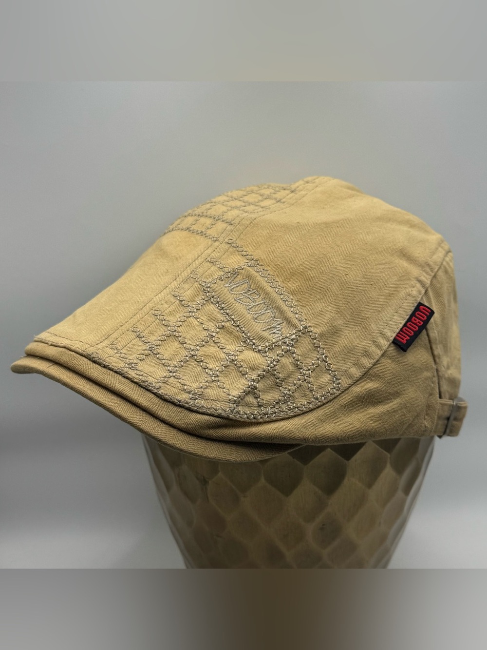 Voboom Tan Cotton Newsboy Cap Adjustable Geometric Embroidery
